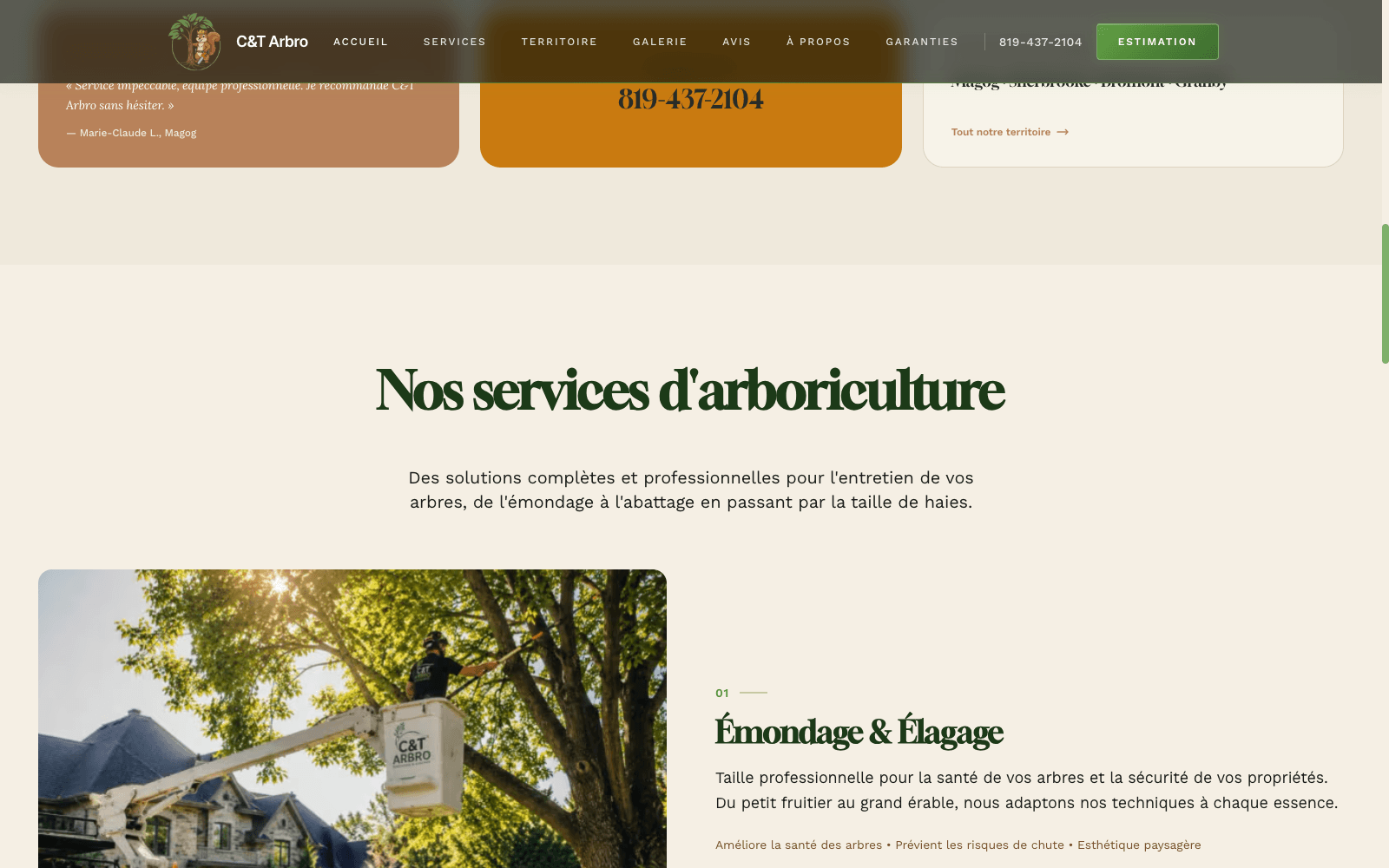 Section intérieure — Aperçu du site vitrine C&T Arbro